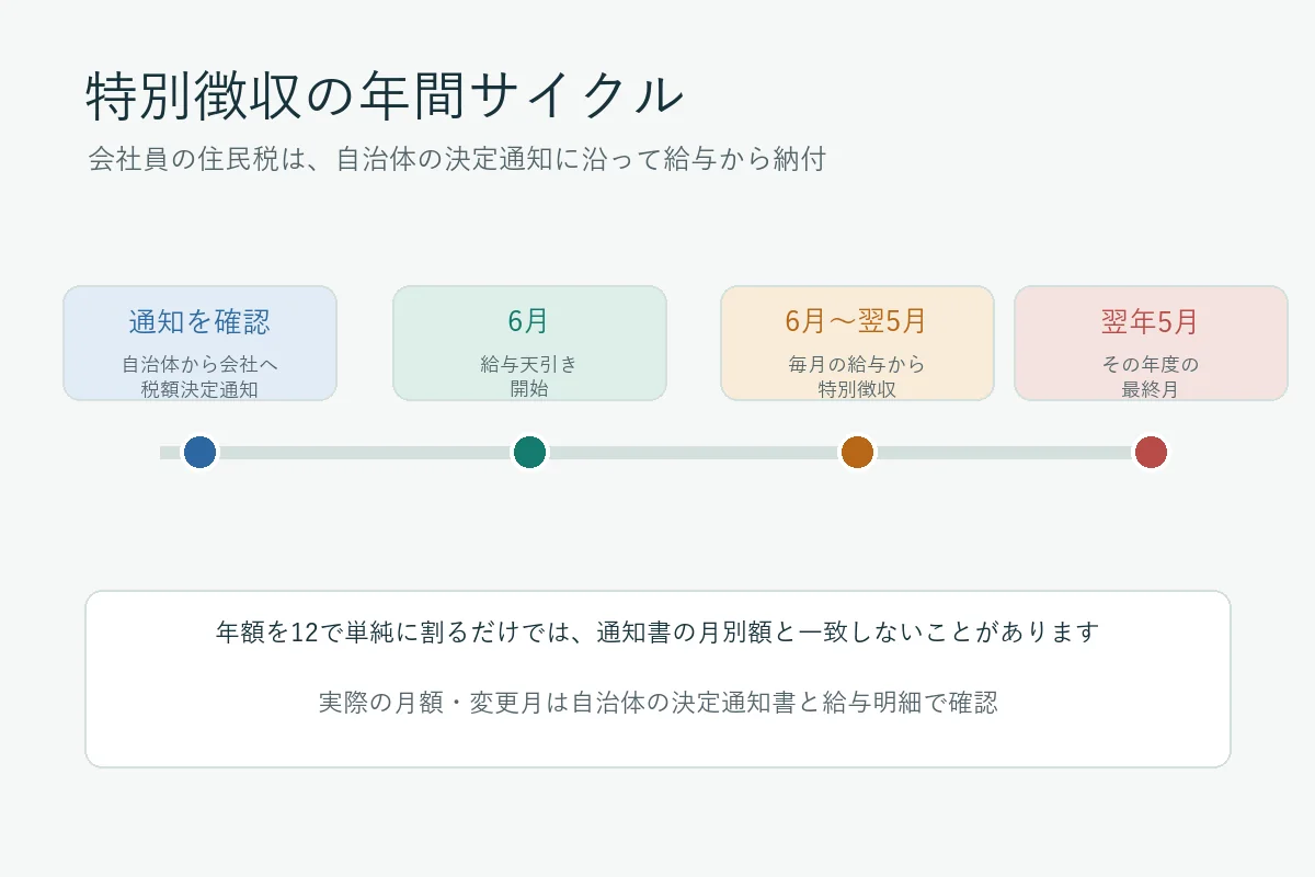住民税の決定通知を確認し、6月から翌年5月まで給与天引きする特別徴収の年次サイクル